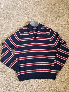 Brooks Brothers Navy Stripe Zip Sweater with Red & Light Gray Bands
